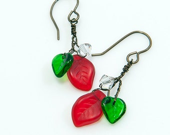 Red and Green Leaf Dangle Earrings, Red and Green Christmas Earrings, Holiday Jewelry, Gift Ideas For Her under 30 dollars