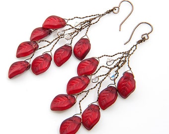 Red Leaf Twig Dangle Earrings, Red Twig Earrings, Red Branch Earrings, Bridal Earrings,