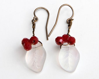 white and red dangle earrings, leaf earrings, Nature Jewelry, Summer Fashion