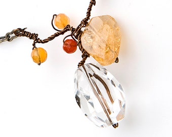 Citrine Gemstone Pendant Necklace, Yellow and Orange Twisted Wire Necklace, Nature Jewelry, Fall Jewelry, gift for her