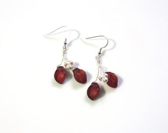 Red Leaf Dangle Earrings,  Twig Earrings,   Red Glass Leaf with White Swarovski Pearl Earrings, Nature Earring