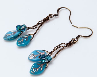 Leaf Earrings Dangle Blue, Boho Dangle Earrings Women, Cottage core Earrings, Beaded Leaf Earrings, Elven Earrings gift for women