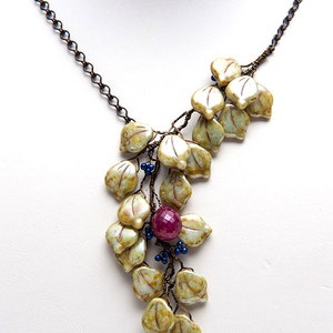 Green Asymmetrical Necklace, Floral Y Necklace for Women, Green Statement Necklace for Women, Whimsigoth Jewelry