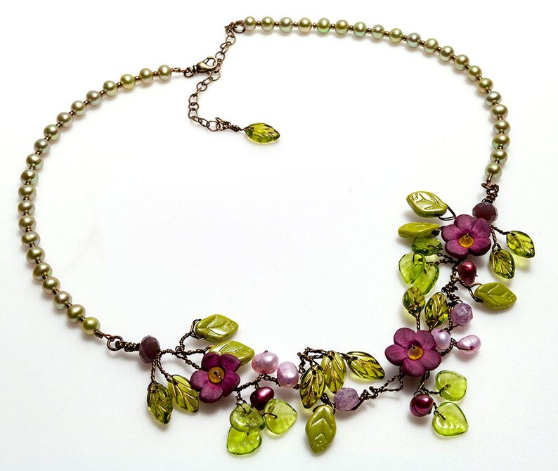 Purple Flower Bridal Necklace, Beaded Leaf Necklace, Boho Wedding Jewelry for Bride, Vine Necklace Choker, Elven Jewelry for women image 1