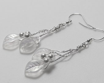 White Floral Dangle Earrings, White leaf earrings with Swarovski pearls, Boho Style Earrings, Elvin Jewelry