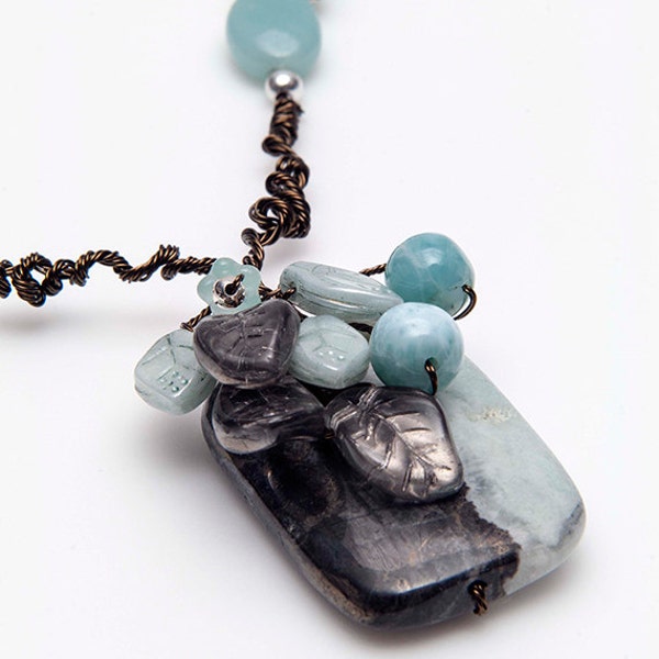 Blue Gray Beaded Necklace, Blue Beaded Necklace, Gray Beaded Necklace, Gemstone Necklace, Amazonite and Larimar, Nature Inspired Jewelry