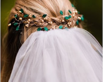 Vite di capelli verde smeraldo per la sposa, accessori per capelli da sposa fata, copricapo della foresta incantata, pezzo di capelli da sposa da giardino, fata del bosco