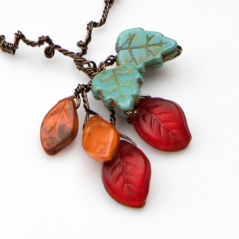 Turquoise Leaf Necklace, Autumn Leaves Fall Wedding Jewelry for Bride, Nature Lover Gift for Her, Southwestern Jewelry for Women, Forest image 3