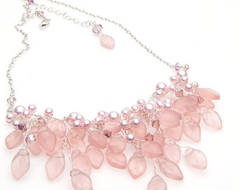 Pink Dainty Bridal Necklace, Pink Vintage Style Wedding Jewelry, Pink Floral Bib Necklace, Pink Statement Necklace, Leaf Necklace for Women