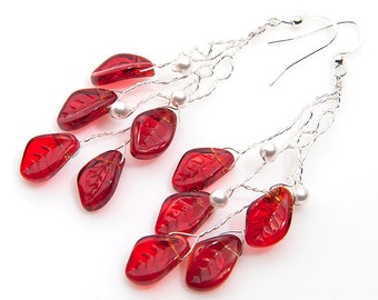 Red Leaf Earrings Silver, Red Long Dangle Statement Earrings, Chandelier Earrings for Bridesmaids, Boho Dangle Earrings for women