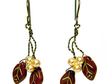 Delightful brown dangle twig earrings with glass leaves and freshwater pearls for a whimsical nature inspired look