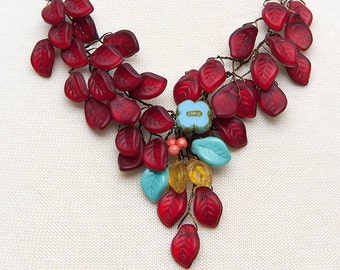 Red Statement Necklace, Leaf Bib Necklace, Whimsical Jewelry, Plant Mom Gift, Woodland Fairy Jewelry, Nature Lover Gift,