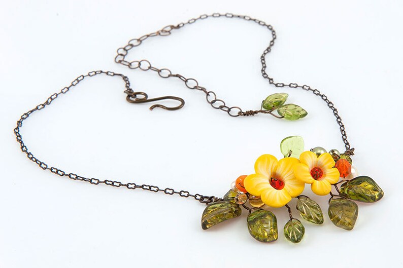 Yellow Flower Necklace for Women, Nature Wedding Jewelry for Bride, Plant Mom Gift, Enchanted Forest Jewelry, Elvish Jewelry, Nature Lover image 1