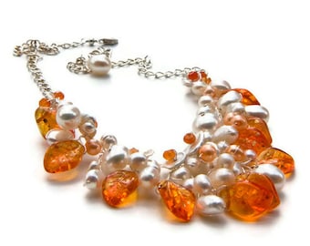 Orange Wedding Necklaces for Women, Beaded Leaf Necklace, Fairytale Wedding Jewelry, Woodland Fairy Jewelry, Fae Jewelry
