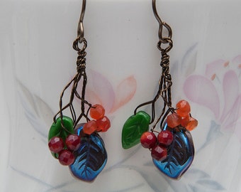 Leaf Dangle Earrings, Multi Gemstone Earrings, Leaf Jewelry, Nature Jewelry