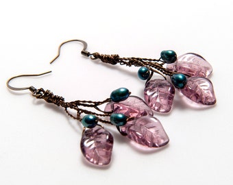 Handmade Teal and Purple Dangle Earrings, Purple Leaf Earrings, Purple Floral Drop Earrings, Twig Earrings in Nature Jewelry