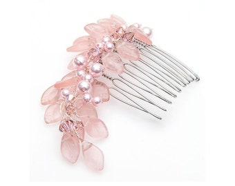 Pettine per capelli da sposa rosa cipria, gioielli per capelli di perle per matrimonio, pezzo di capelli da sposa floreale, copricapo Fae, accessori per capelli fata, rosa polverosa