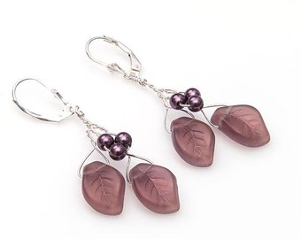 Burgundy Dangle Leaf Earrings with sterling silver, Purple Boho Dangle Earrings, CottageCore Jewelry, Fairytale Wedding Earrings