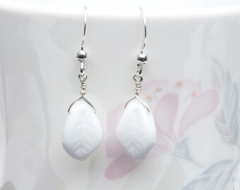 White Leaf Earrings, Boho Earrings Dangle for Women, White Floral Dangle Earrings, Bridal Jewelry, Fairy Jewelry