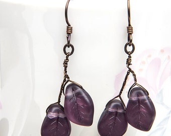 Purple Leaf Earrings, Dangle Earring, Nature Jewelry, Mother's Day Gift dark amethyst color