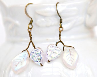 White Dangle Earrings, White Leaf Earrings, Nature Inspired, Bridal Jewelry, Gift Idea,