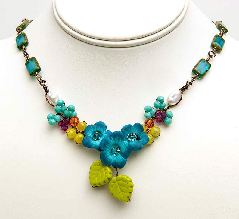 Turquoise Beaded Flower Necklace Turquoise Flower Bib | Etsy
