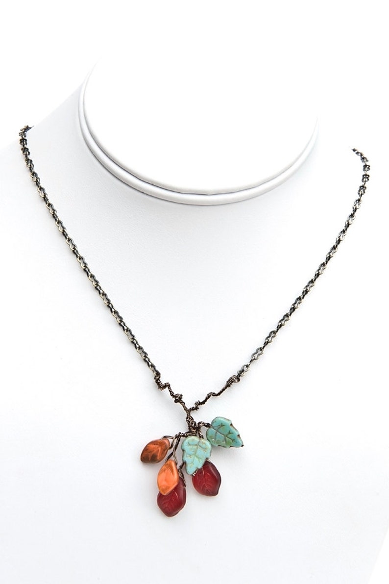 Turquoise Leaf Necklace, Autumn Leaves Fall Wedding Jewelry for Bride, Nature Lover Gift for Her, Southwestern Jewelry for Women, Forest image 2