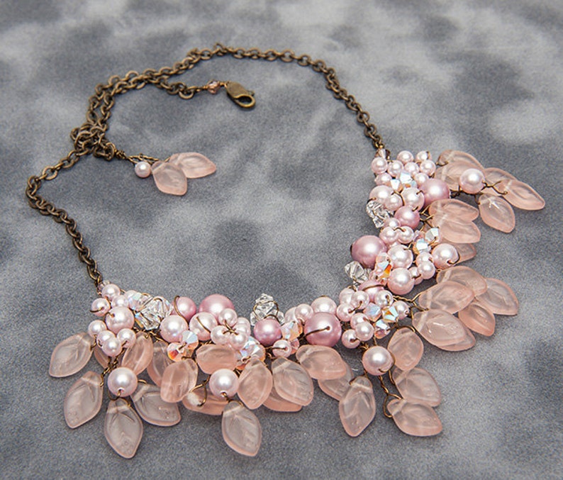 Pink Beaded Necklace Bib Necklace Bridal Jewelry Nature Etsy
