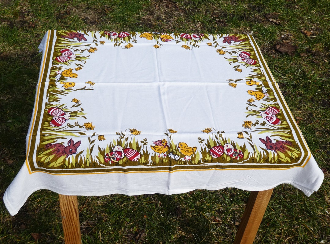Vintage Square Easter Tablecloth, Table Topper, Easter Rayon Tablecloth