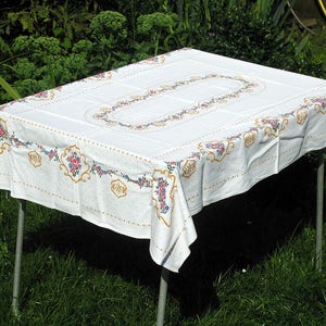 Vintage Cotton Floral Tablecloth, White with Pink and Blue Floral Pattern and Gold Accents, Small Printed Rectangular Tablecloth