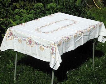 Vintage Cotton Floral Tablecloth, White with Pink and Blue Floral Pattern and Gold Accents, Small Printed Rectangular Tablecloth