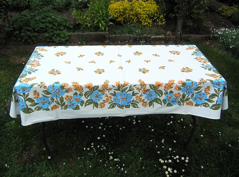 Vintage Blue Floral Tablecloth, Synthetic Rectangular Tablecloth With