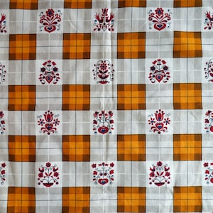 Vintage Kitchen Curtain or Fabric Remnant, Mustard Yellow and Grey Checkered Hearts Cotton Fabric, Kitchen Curtain, Mid Century Fabric