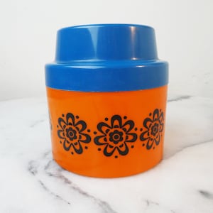 Vintage Orange Blue Plastic Container, Mid Century Geometric Design Plastic Container, 1970s Blue Orange Box with Flowers, Kitchen Container