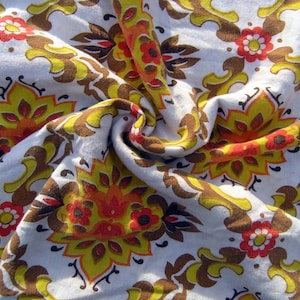 Vintage Fabric Remnant, Retro 1960s / 1970s Cotton Sheet Fabric, Light Cotton Floral Fabric, Bright Orange, Yellow, Red, Brown Fabric