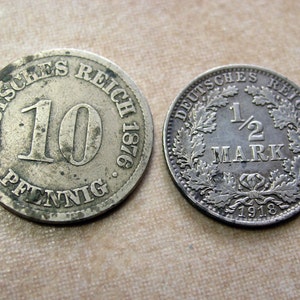 German Coins from 1876 and 1918, Collectible German 1/2 Mark and 10 Pfenning Coins