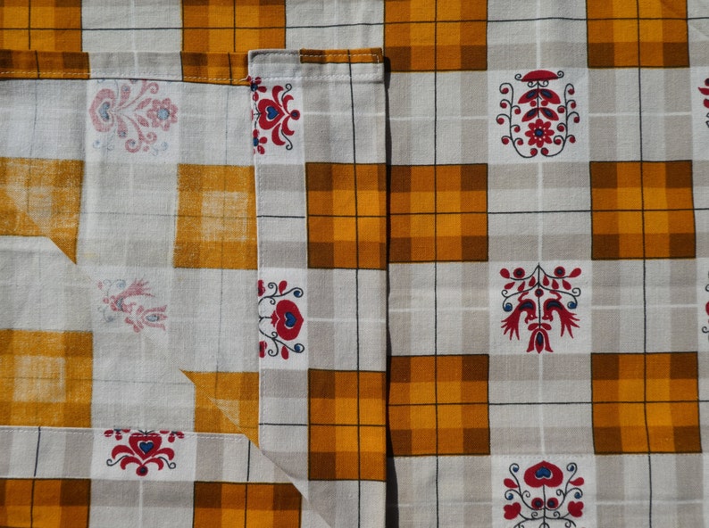 Vintage Kitchen Curtain or Fabric Remnant, Mustard Yellow and Grey