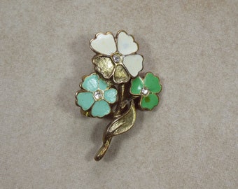 Vintage Floral Enamel Brooch Gold Toned Metal with Green and White Flowers, Mid Century Brooch, 1970s Pin, Breastpin Jewelry