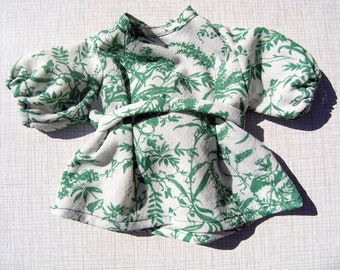 Vintage Doll Dress, Handmade White and Green Leaves Polyester Doll Dress, Mid Century Doll's Dress Blouse, 1960s 1970s Original Doll Clothes