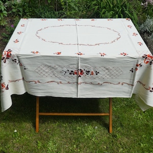 Mid Century Orange, Red, Pink Roses Tablecloth, Thick Large Cream Floral Tablecloth, Vintage Cotton Rayon Tablecloth Roses Tan Accents