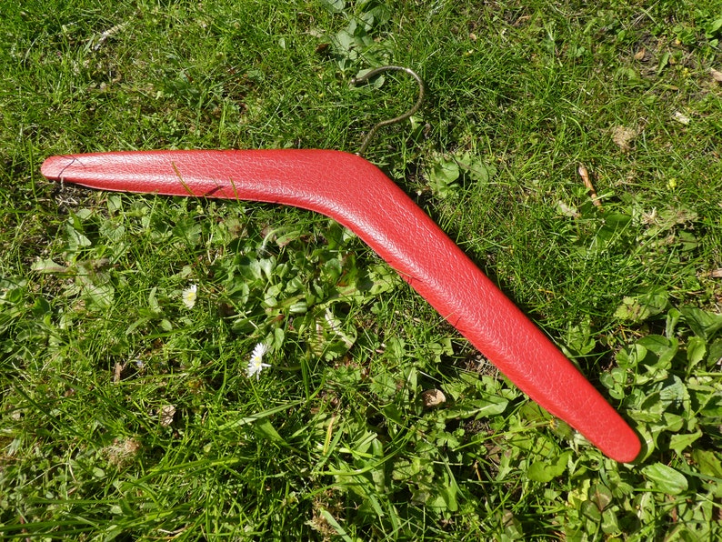 1 Mid Century Stud Clothes Hangers, Red Faux Leather Covered Vintage Coat Hangers, 1970s Pleather Covered Clothes Hangers image 9