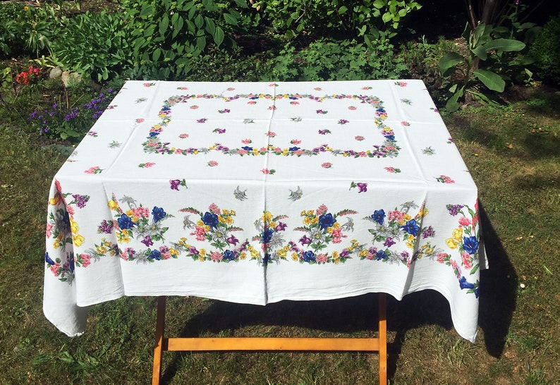 Vintage Floral Tablecloth Large White Cotton Tablecloth Etsy