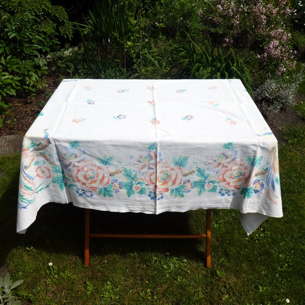 Vintage Floral Tablecloth, Large Rectangular Cotton Tablecloth with Flowers, Pheasant Bird, Mid Century Table Linens, Thick White Tablecloth