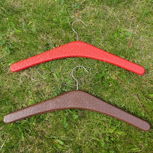 2 Mid Century Stud Clothes Hangers, Red and Brown Textured Plastic Covered Vintage Coat Hangers, 1970s Covered Clothes Hangers