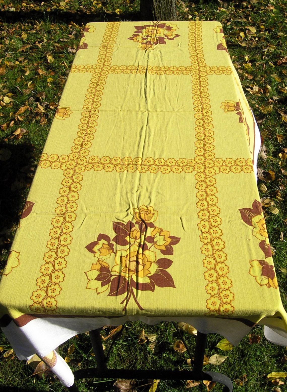 Vintage Yellow Floral Tablecloth Mid Century Rectangular Etsy