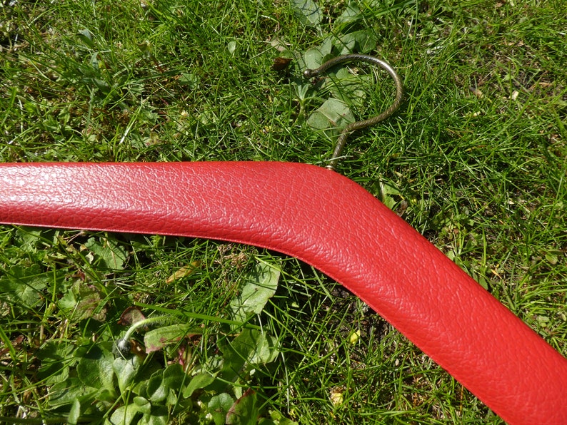 1 Mid Century Stud Clothes Hangers, Red Faux Leather Covered Vintage Coat Hangers, 1970s Pleather Covered Clothes Hangers image 5