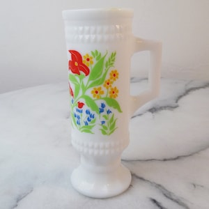 Vintage 1970s Avon Original Milk Glass Bud Vase with Handle, Contained Honeysuckle Bath Oil