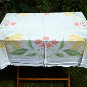 Vintage Floral Rectangular Tablecloth, Yellow Blue Orange Flowers, Leaves, Printed Tablecloth, Mid Century Linens, Piepmatz Kuenstlerdecke