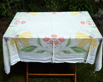 Vintage Floral Rectangular Tablecloth, Yellow Blue Orange Flowers, Leaves, Printed Tablecloth, Mid Century Linens, Piepmatz Kuenstlerdecke