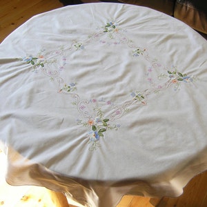 Vintage Square Embroidered  Tablecloth, White Cotton Floral Embroidered Tablecloth, Embroidered Flowers Small Tablecloth